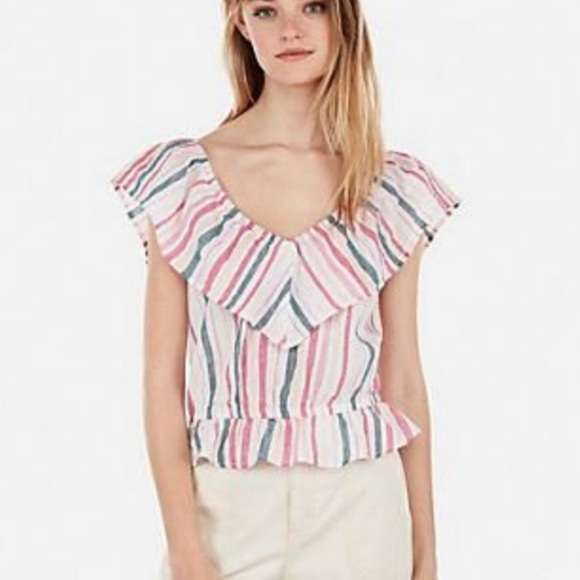 Express Linen Cotton Ruffle Stripe Top - Picture 8 of 8